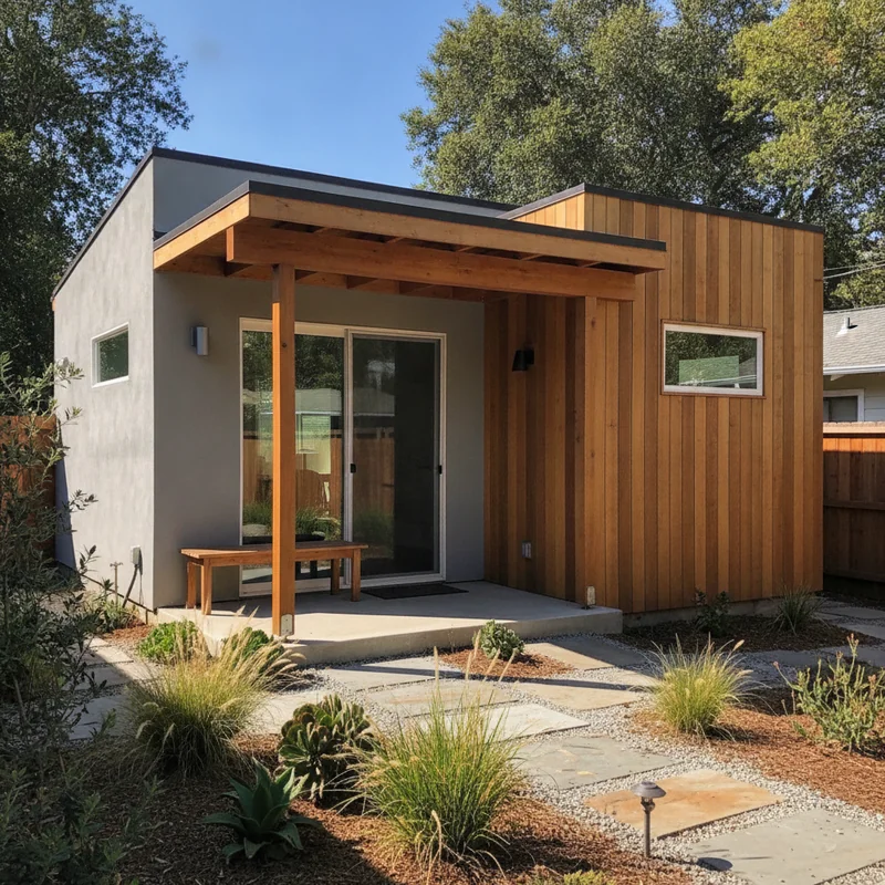 Finished backyard ADU exterior in Palo Alto, CA